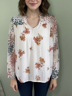 Lucky Brand Floral Print V-Neck Long Sleeve Blouse Viscose Size Large